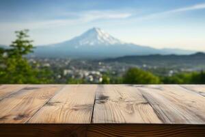 Empty table surface blurred Landmarks around the world in the background. Generative AI photo