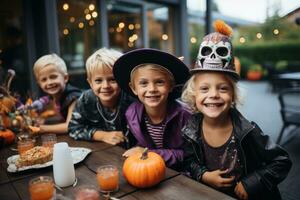 niños truco o tratando con Jackolantern caramelo cubos en Víspera de Todos los Santos foto