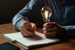 New idea concept with man writing down on paper his new idea. Generative AI photo