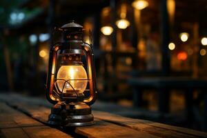 Autumn lantern on wooden table. Copy space. Generative AI photo