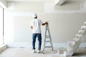 asain masculino construcción arquitecto es pintura el pared. generativo ai foto