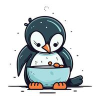 linda pingüino con un cuenco de alimento. vector ilustración.