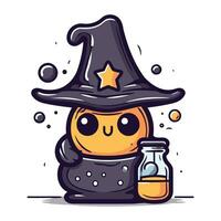 Halloween pumpkin in witch hat and magic potion. Vector illustration.
