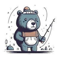 Cute bear with fishing rod. Vector illustration in cartoon style.