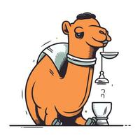 Camel with scales and coffee. Vector illustration in cartoon style.