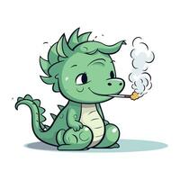 Cute cartoon green dragon smoking a cigarette. Vector illustration isolated on white background.