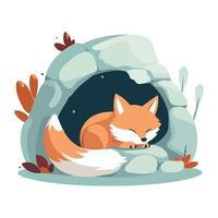 Cute fox sleeping in the cave. Vector illustration in cartoon style.