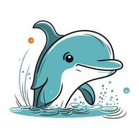 Cute dolphin jumping out of water. Vector illustration in cartoon style.
