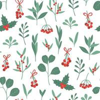 Seamless Christmas floral pattern with branches, leaves and winter berries vector