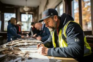 trabajadores utilizando técnico herramientas a estimar el ambiente. generativo ai foto