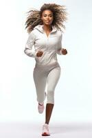 African Female Jogging Happy and energetic white background Generative AI photo