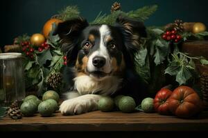 nuevo años equipo festividad perro con Navidad árbol en su cabeza. generativo ai foto