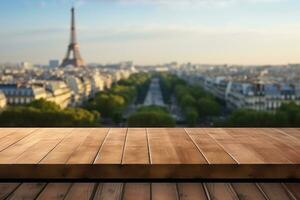 Empty table surface blurred Landmarks around the world in the background. Generative AI photo