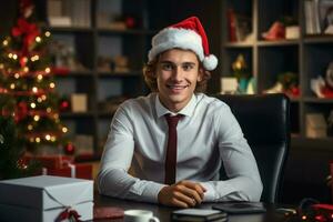 AI Generated Young employee celebrating Christmas at workplace. Generative AI photo