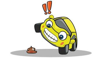 Cartoon vector of car cute style. Car was startled and jumped on its wheels to avoid the lump of poop. Isolated white background with black shadow of car.