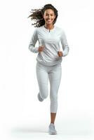 African Female Jogging Happy and energetic white background Generative AI photo