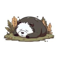 Panda sleeping in the autumn forest. Cute cartoon vector illustration.
