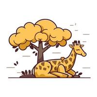 Cartoon giraffe sitting under a big tree. Vector illustration.