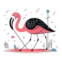 Flamingo in the park. Hand drawn vector illustration in cartoon style.