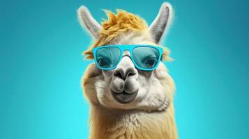 Funny llama with sunglasses on blue background. 3d illustration ai generative photo