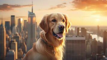 ai generativo dorado perdiguero perro en el antecedentes de nuevo York ciudad rascacielos foto