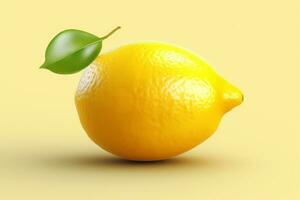 ai generative Lemon with leaf on a yellow background. 3d illustration. photo