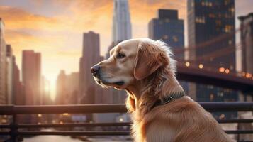 ai generative Golden Retriever dog in the city at sunset. Dog portrait photo