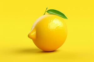 ai generative Lemon with green leaf on yellow background. Minimal concept. photo