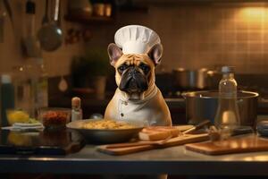 Funny image of a French Bulldog in a chef costume, showcasing culinary humor in the kitchen setting. Copy space Perfect for food-related projects and entertainment-themed designs, photo