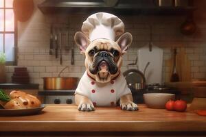 Funny image of a French Bulldog in a chef costume, showcasing culinary humor in the kitchen setting. Copy space Perfect for food-related projects and entertainment-themed designs, photo