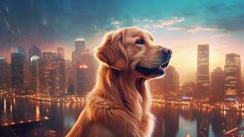 ai generative Golden retriever dog on the background of skyscrapers at sunset photo