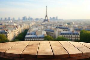 Empty table surface blurred Landmarks around the world in the background. Generative AI photo