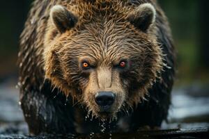 A close-up shot of a bear striking face, its focused eyes, documentary photo. Generative AI photo