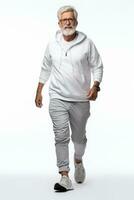 Senior man jogging Happy and energetic generation in white background. Generative AI photo