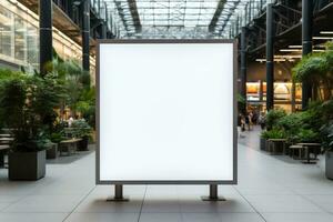 Public shopping center mall advertisement board space as empty blank white mockup. Generative AI photo