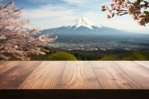 Empty table surface blurred Landmarks around the world in the background. Generative AI photo