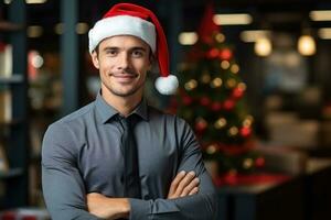 ai generado joven empleado celebrando Navidad a lugar de trabajo. generativo ai foto