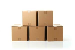 Clean, plain cardboard boxes in stock , white background, isolated on white. Generative AI photo