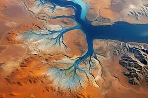 View from orbit of a lush river delta in the middle of a desert. Generative AI photo