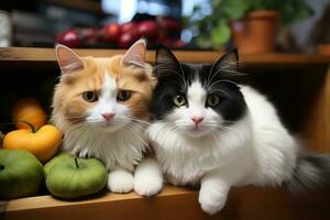 Black and white cat on sofa together orange cat fat. Generative AI photo