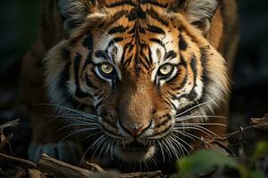 A close-up shot of a tiger striking face, its focused eyes, documentary photo. Generative AI photo