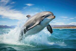 Dolphin playing and jumping out of the water , professional photography. Generative AI photo