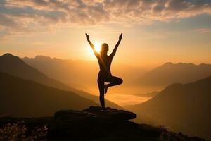 Concept Image of a woman doing yoga on a beautiful peaceful mountain peak. Generative AI photo