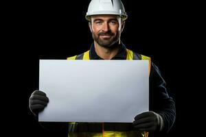 Construction worker holding a separate blank white panel isolated on black background. Generative AI photo