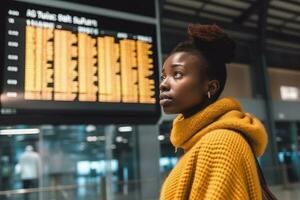 A young woman at an international airport looks at the flight information board. Generative AI photo