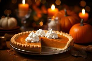 hecho en casa calabaza tarta para acción de gracias. generativo ai foto