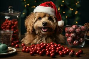 nuevo años equipo festividad perro con Navidad árbol en su cabeza. generativo ai foto