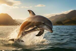 Dolphin playing and jumping out of the water , professional photography. Generative AI photo