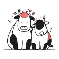 Cute couple of cows. Vector hand drawn illustration in cartoon style.