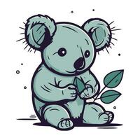 Cute cartoon koala with green leaves isolated on white background. Vector illustration.